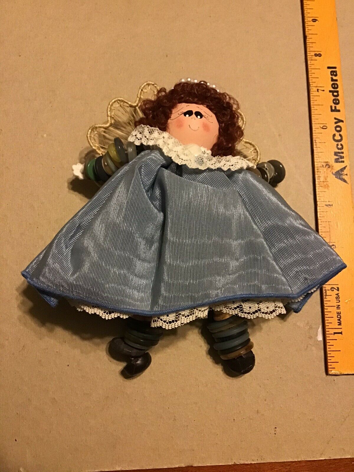 Vintage Hand Made 6" Dangle Legs Angel Button Spool Doll Wood Head Pre-owned