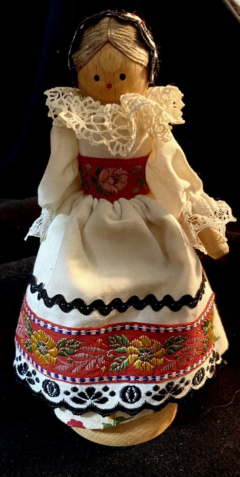 Vintage Polish Doll Wooden Wearing Floral Dress Rounded Hands Wood Pedestal 6.5"