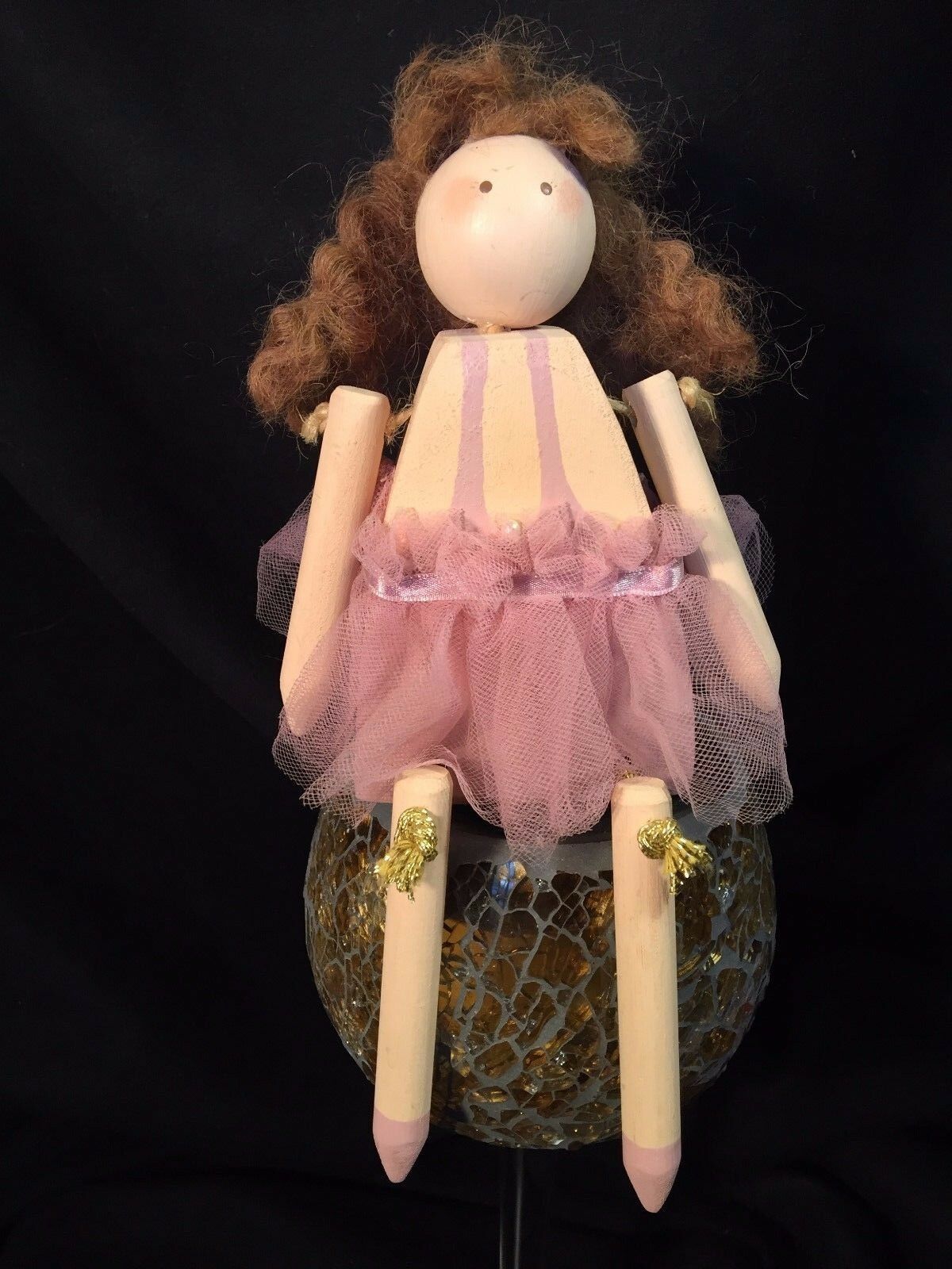 Decorative Wood Ballerina Doll, 9", Handcrafted, Hand Painted, With Pink Tutu