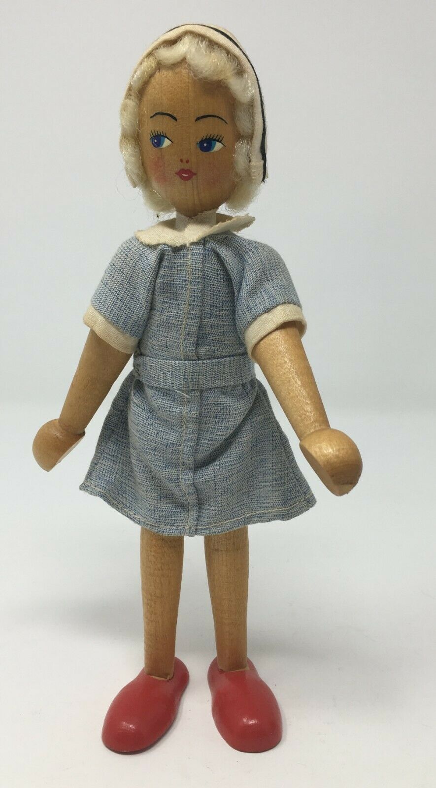Vintage Wood  Female Peg Type Doll With Nurses Uniform & Hat Made In Poland