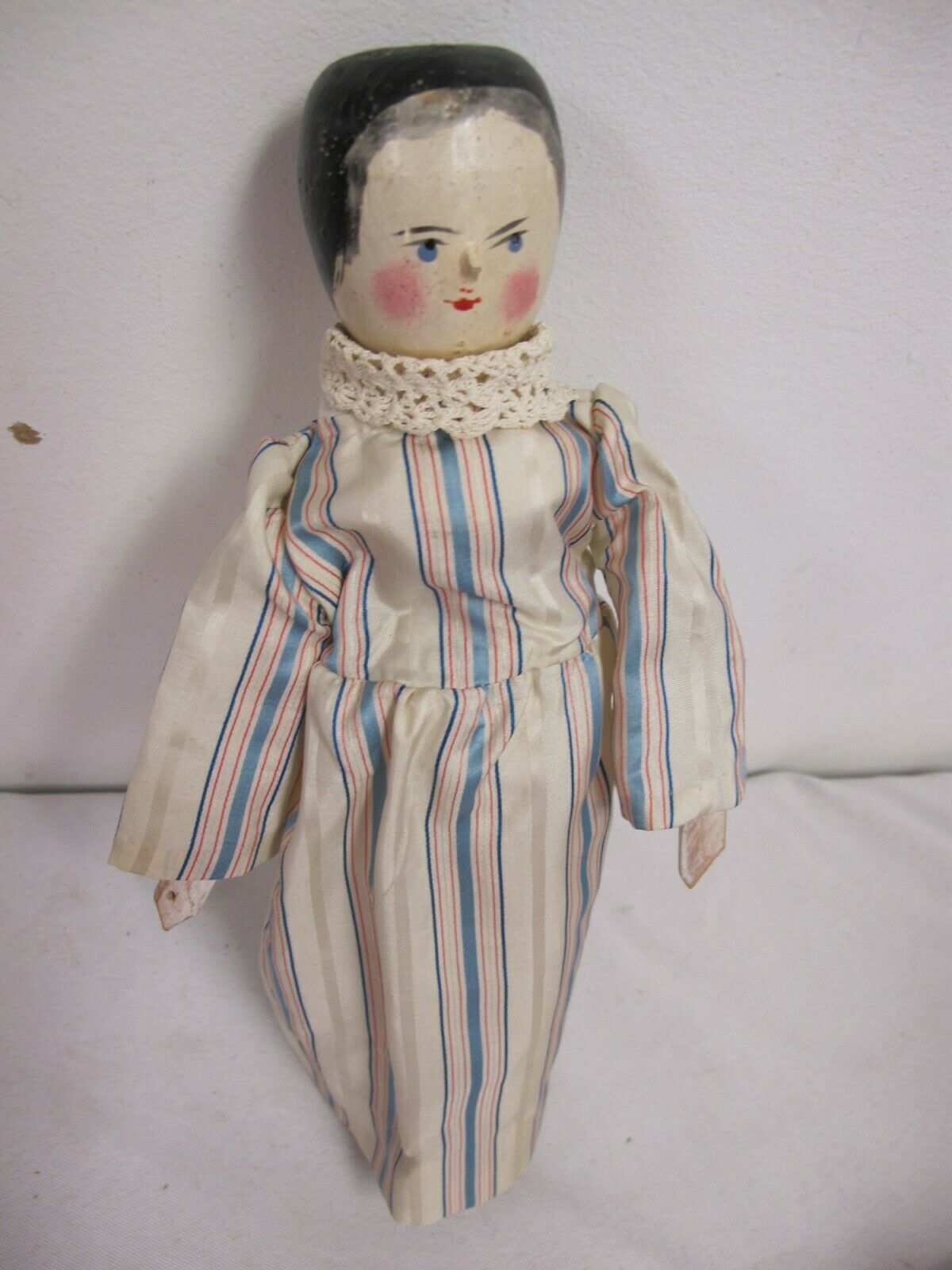 Vintage Antique Wooden Peg Doll 11" With Dress & Under Garments